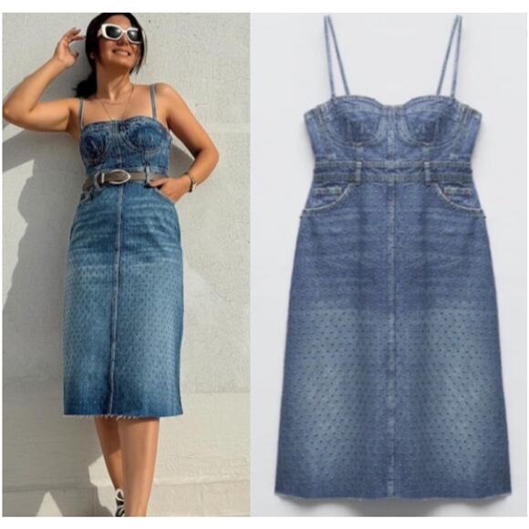 ZARA STUDDED DENIM BUSTIER DRESS - Picture 1 of 10